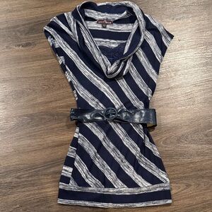 Striped Navy and White Cream Cowl Neck Top with Belt